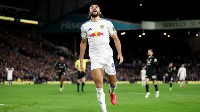 Dominic Calvert-Lewin of Leeds United reacts after missing a shot.