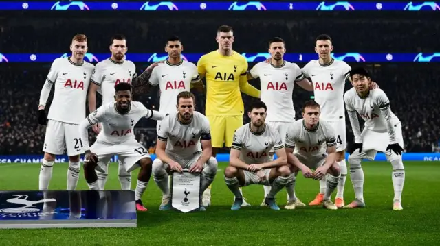 Tottenham players pose for a team photo prior to the Champions League match against AC Milan in 2023