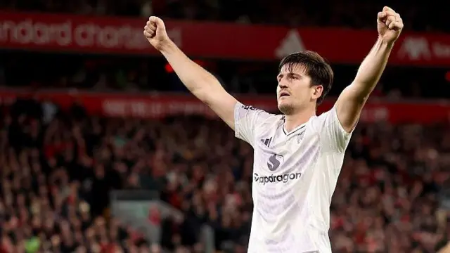 Harry Maguire of Manchester United celebrates scoring a goal