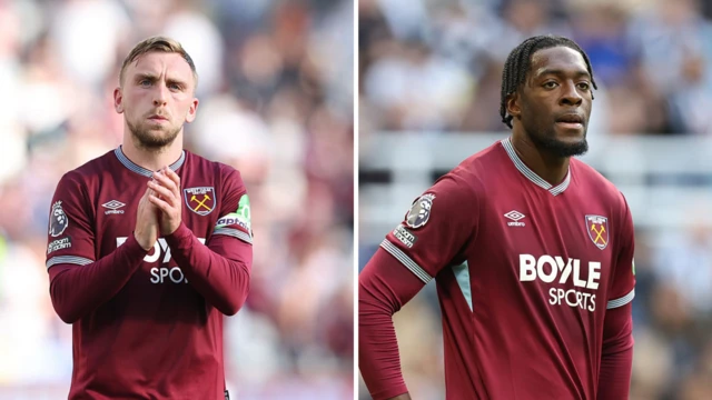 Jarrod Bowen and Axel Disasi of West Ham