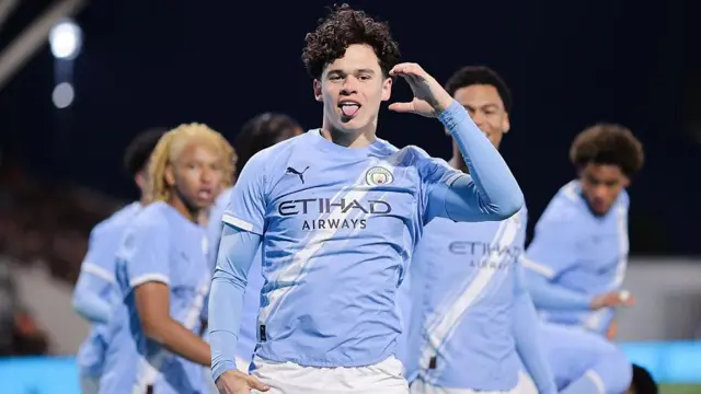 Teddie Lamb of Manchester City celebrates after scoring their side's second goal during the FA Youth Cup Semi Final match between Manchester City and Blackburn Rovers at Joie Stadium