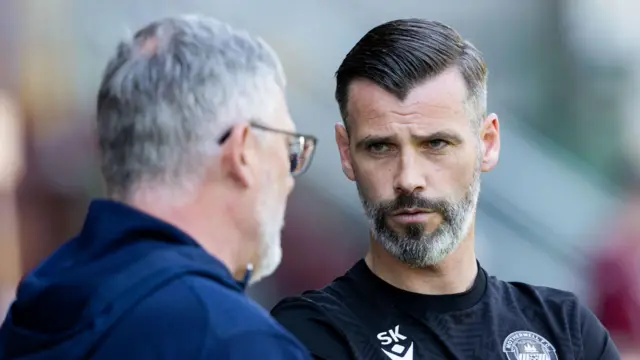 Craig Levein and Stuart Kettlewell in discussions on the touchline at Fir Park