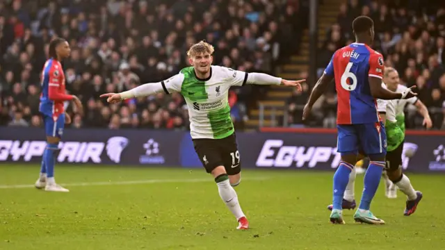 Harvey Elliott celebrates a goal for Liverpool against Crystal Palace at Selhurst Park