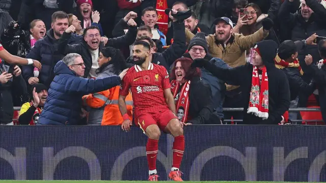 Mohamed Salah of Liverpool celebrating after scoring against Aston Villa