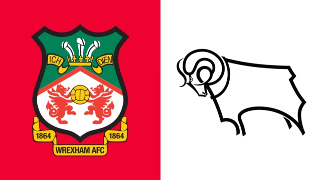 A split image displaying the Wrexham and Derby crests