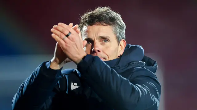 St Johnstone manager Simo Valakari applauds the home fans after beating Kilmarnock 1-0 at McDiarmid Park