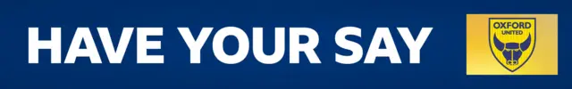 A blue banner with 'have your say' written in white letters and the Oxford United club badge on top of a yellow square on the right of the banner.
