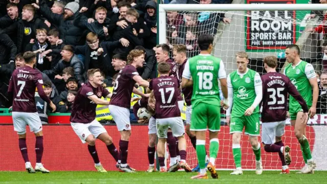 Hibs players after Hearts open the scoring