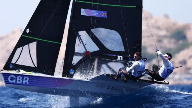 James Peters and Fynn Sterritt of Team Great Britain compete in the Men's Skiff 49er class on day four of the Olympic Games Paris 2024 at Marseille Marina 