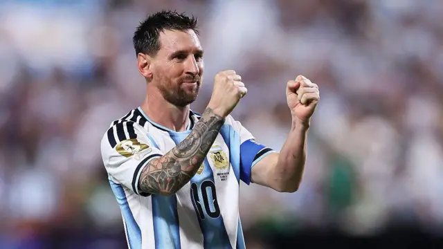 Lionel Messi of Argentina celebrates scoring.