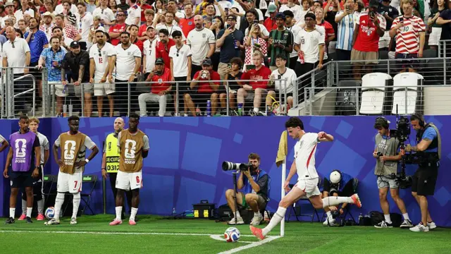 Declan Rice of England takes a corner-kick during the World Cup game against Croatia