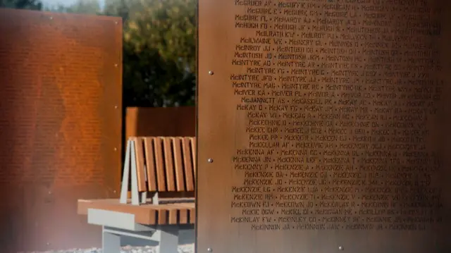 A close up of the memorial with thousands of names of aircrew inscribed