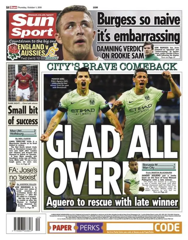 Thursday's Sun back page