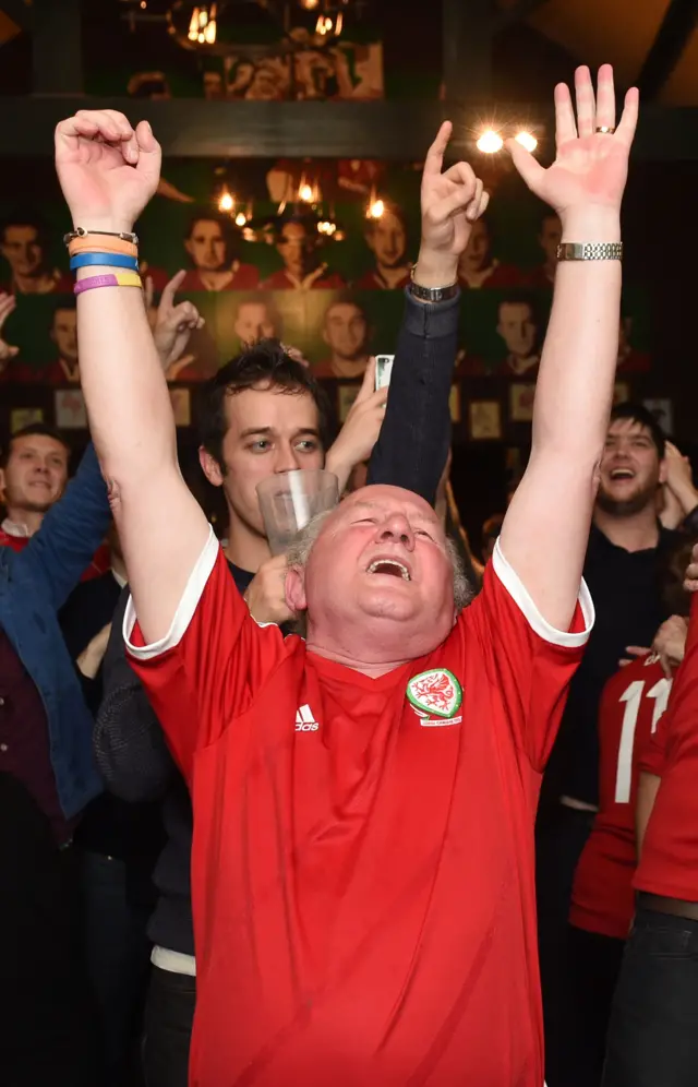 A Wales fan celebrates back in Cardiff