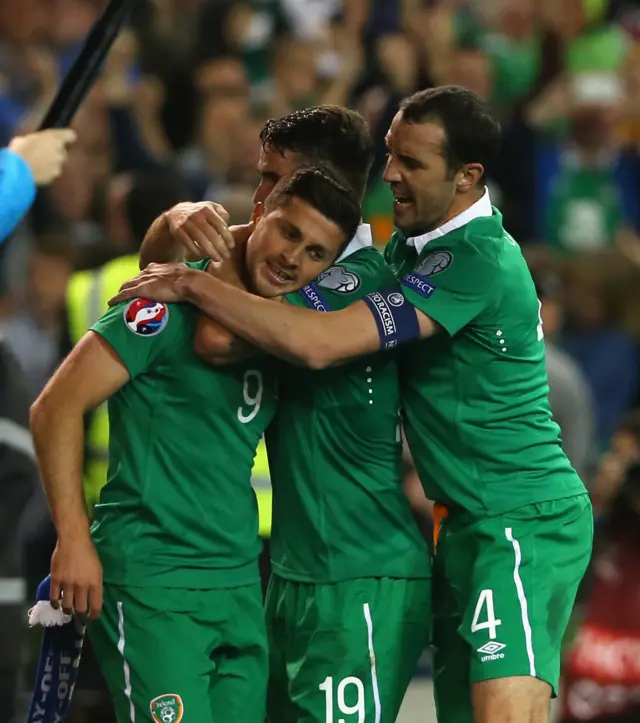 John O'Shea celebrates his late goal against Germany