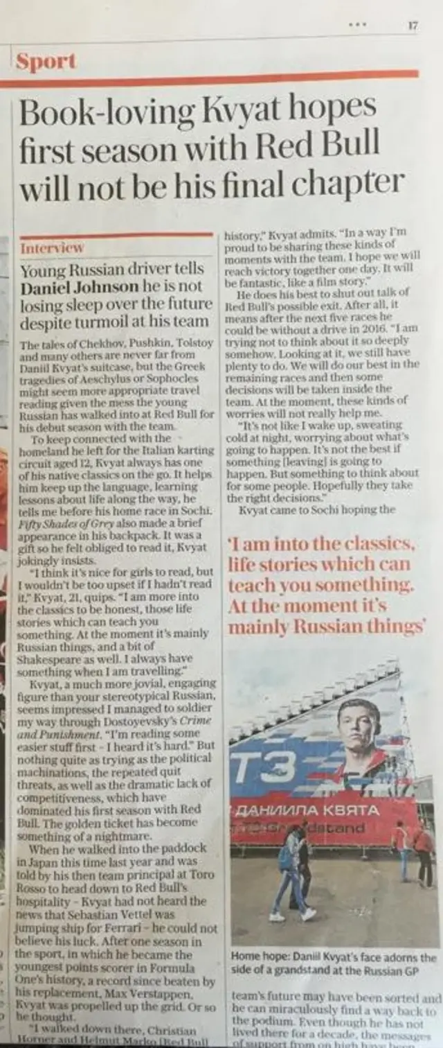 Sunday Telegraph Daniil Kvyat interview