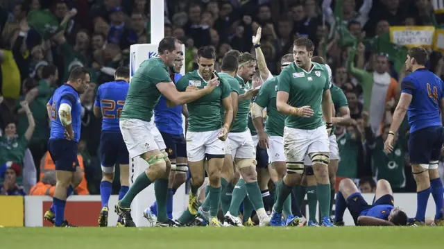 Ireland celebrate try