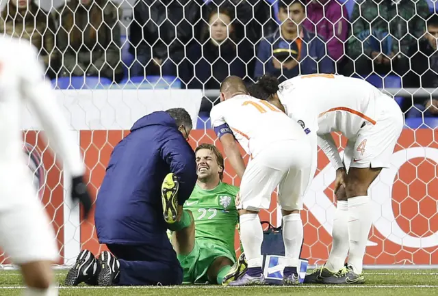 Tim Krul is injured whilst playing for Holland