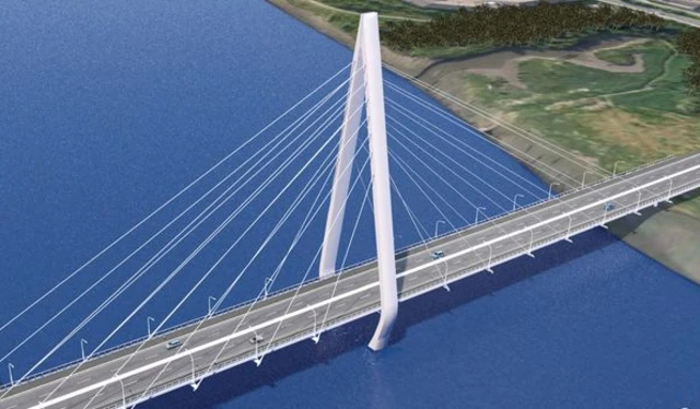 An artists impression of the new bridge, showing it supported by a single tall pylon