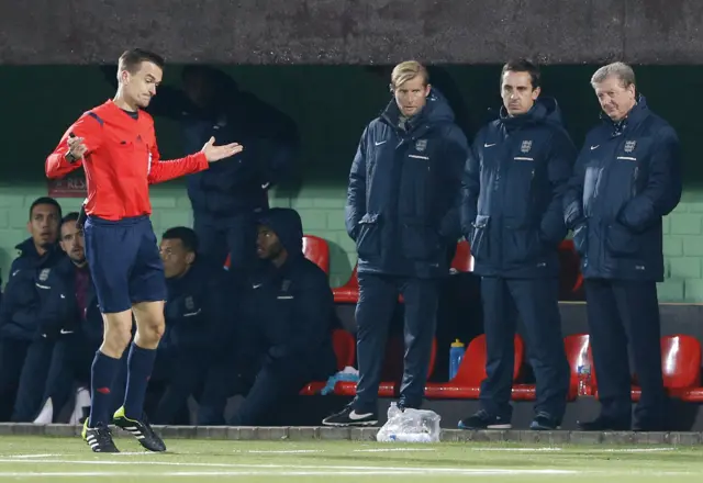 England manager Roy Hodgson is confronted by the referee