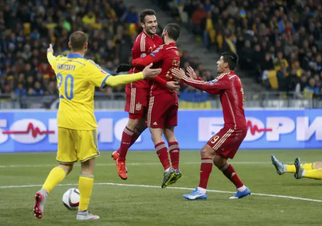 Spain celebrate Mario Gaspar's goal