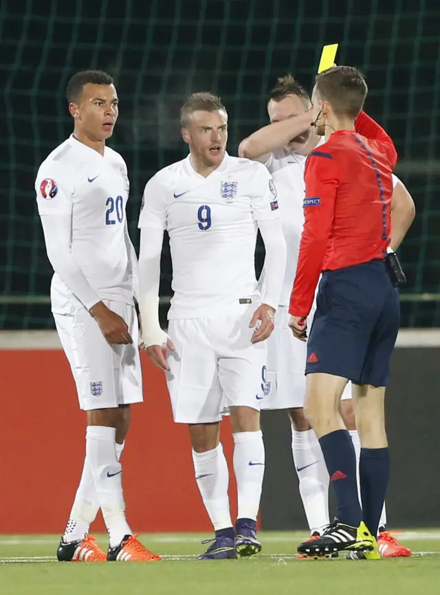 Jamie Vardy is booked for England