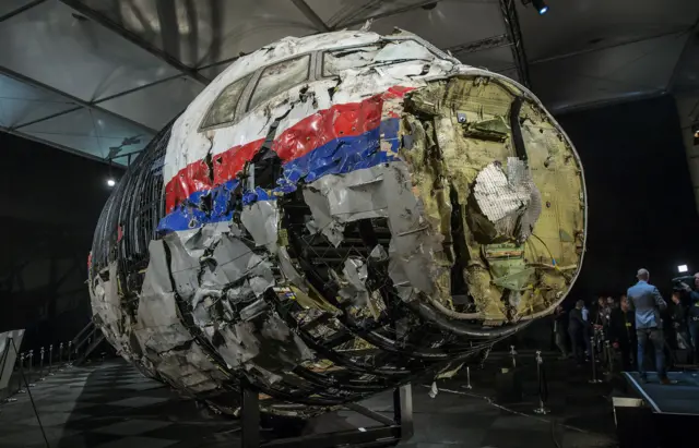 The reconstructed wreckage of the MH17 airplane is seen after the presentation of the final report into the crash of July 2014 of Malaysia Airlines flight MH17 over Ukraine, in Gilze Rijen, the Netherlands, October 13, 2015.