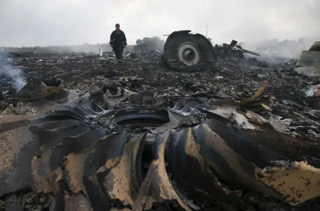 An Emergencies Ministry member walks at a site of a Malaysia Airlines Boeing 777 plane crash near the settlement of Grabovo in the Donetsk region, in this July 17, 2014 file photo