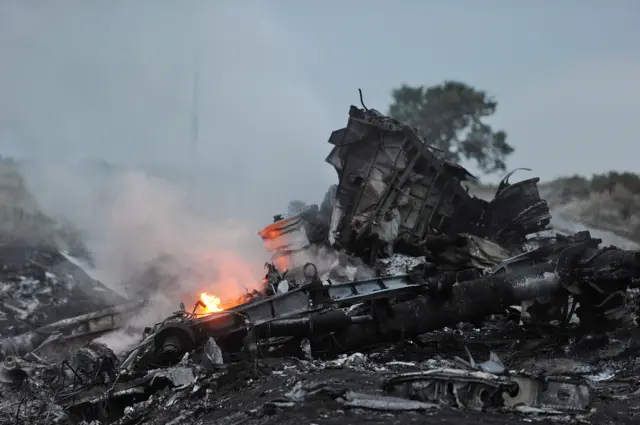 Wreckage of MH17 burning after the crash