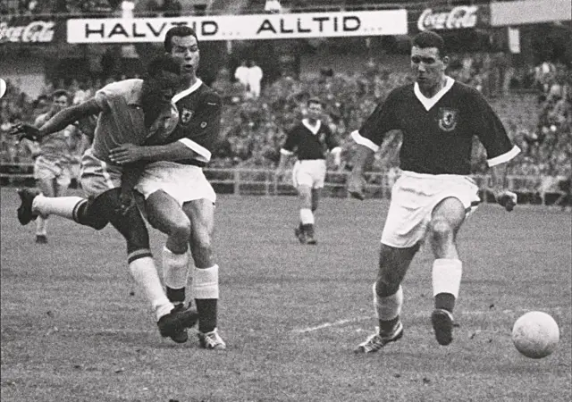 Pele in action against Wales for Brazil in the 1958 World Cup