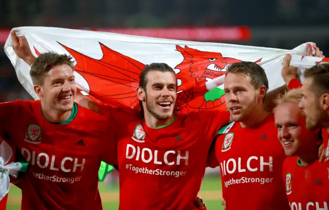 Gareth Bales and the Wales team celebrate