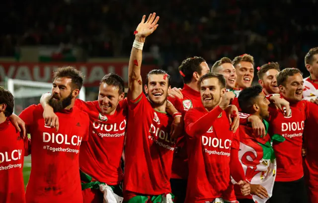 Wales players celebrate qualifying for Euro 2016