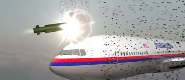 Still from video by Dutch Safety Board showing where missile exploded near MH17