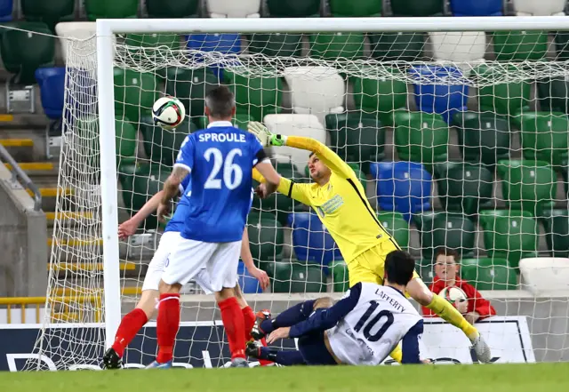 Jonny Lafferty puts Ballinamallard into the lead at Linfield