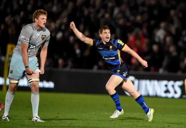 Tom Heathcote celebrates scoring a drop goal