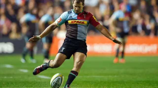 Nick Evans of Harlequins kicks a penalty