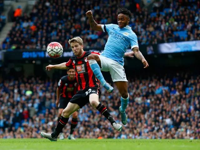 Raheem Sterling competes for the ball