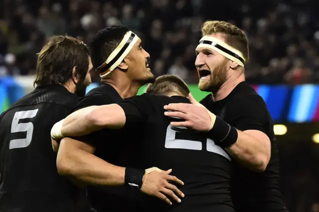 Jerome Kaino celebrates his try with Kieran Read