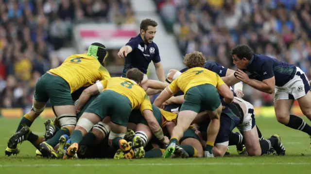 Greg Laidlaw looks on at the scrum