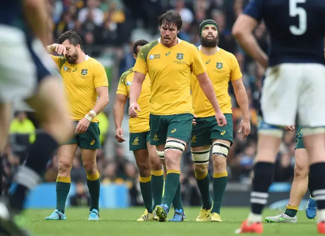 Australia's players react after a try is disallowed