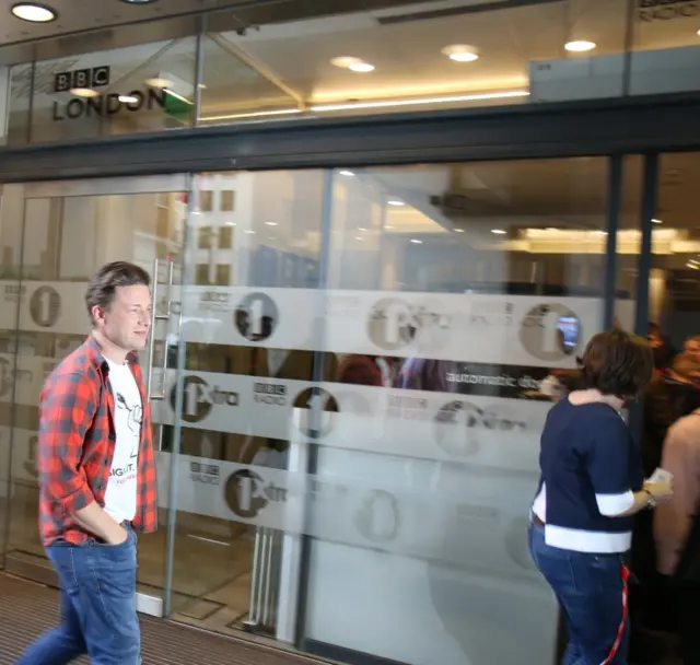 Jamie Oliver outside BBC Radio 1 studios in London