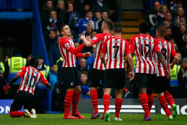 Southampton celebrate a goal at Chelsea