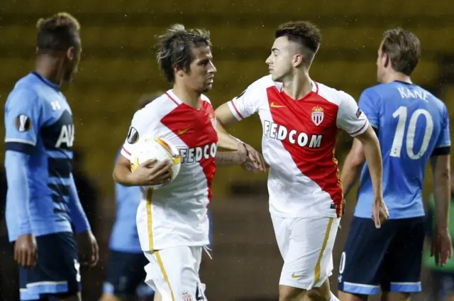 Monaco's Stephan El Shaaraway and Fabio Coentrao