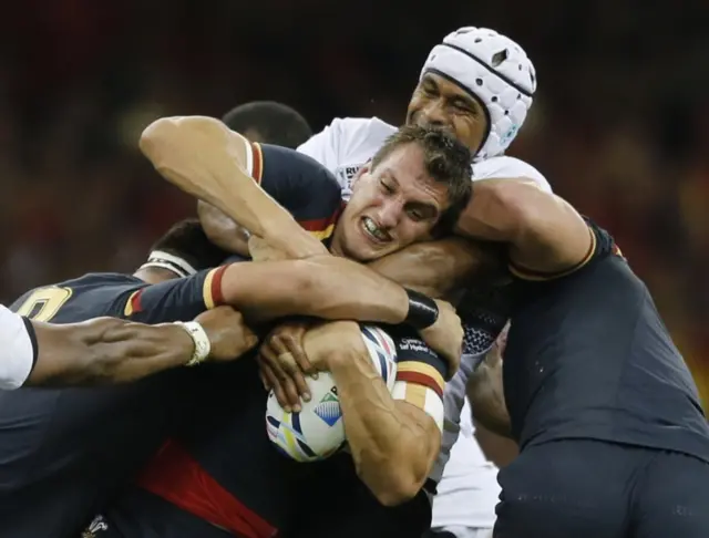 Sam Warburton is tackled against Fiji