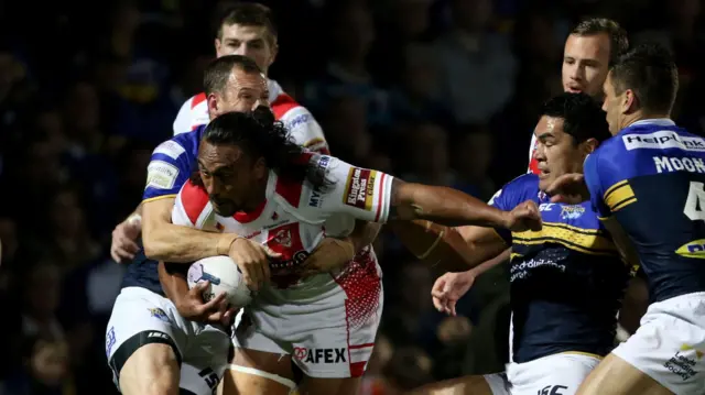 St Helens' Altea Vea tries to break a Leeds tackle