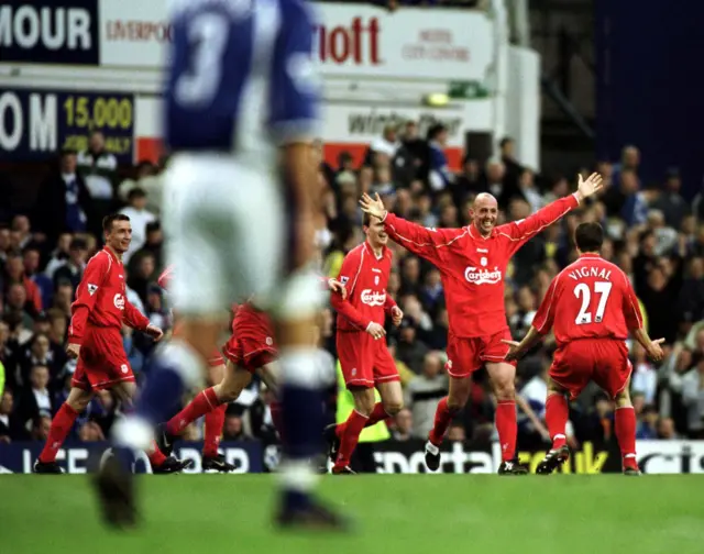 Gary McAllister celebrates scoring for Liverpool against Everton