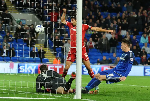 George Friend scores an own goal against Cardiff on Tuesday evening