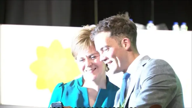 Plaid Cymru member taking a selfie with Nicola Sturgeon after she addressed the party's conference