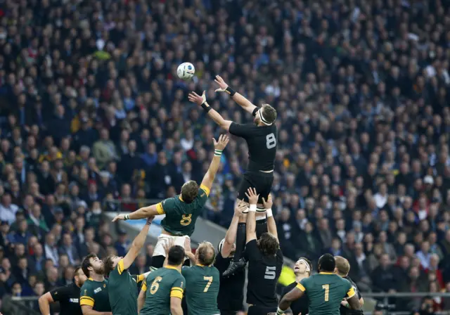 Players challenge for the line out ball