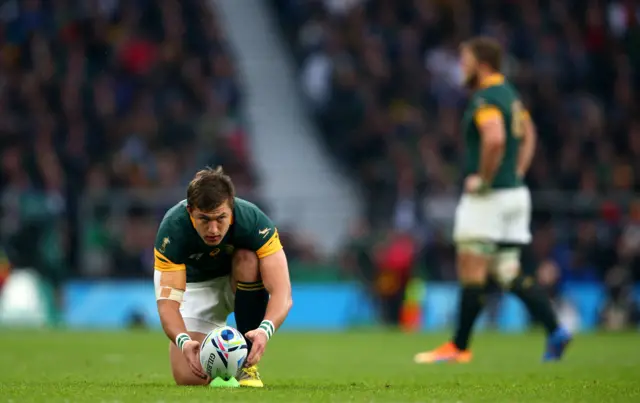 Handre Pollard of South Africa lines up his kick